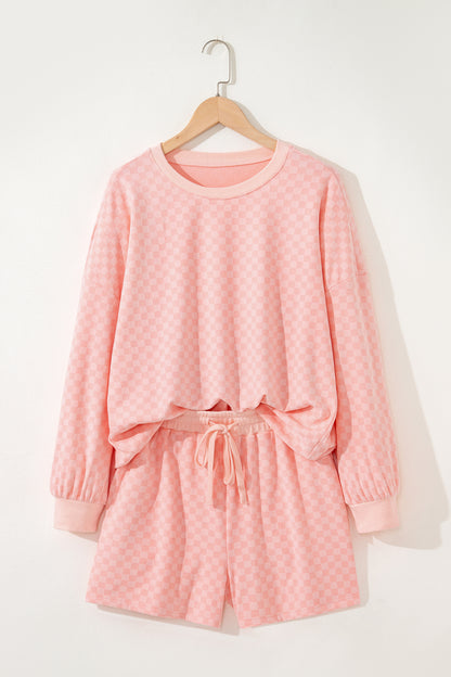 Pink Checkerboard Long Sleeve Pullover and Shorts Set