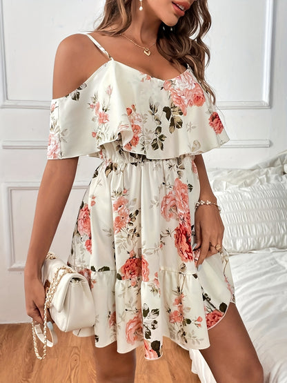Floral Print Cold Shoulder Dress, Casual Ruffle Trim Dress For Spring & Summer, Women's Clothing