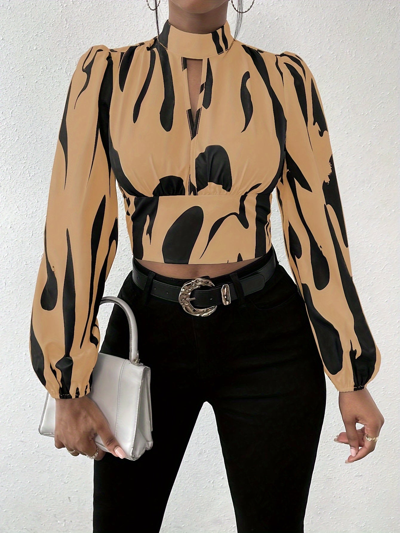 Graphic Print Mock Neck Crop Blouse, Elegant Long Sleeve Cut Out Shirred Blouse, Women's Clothing