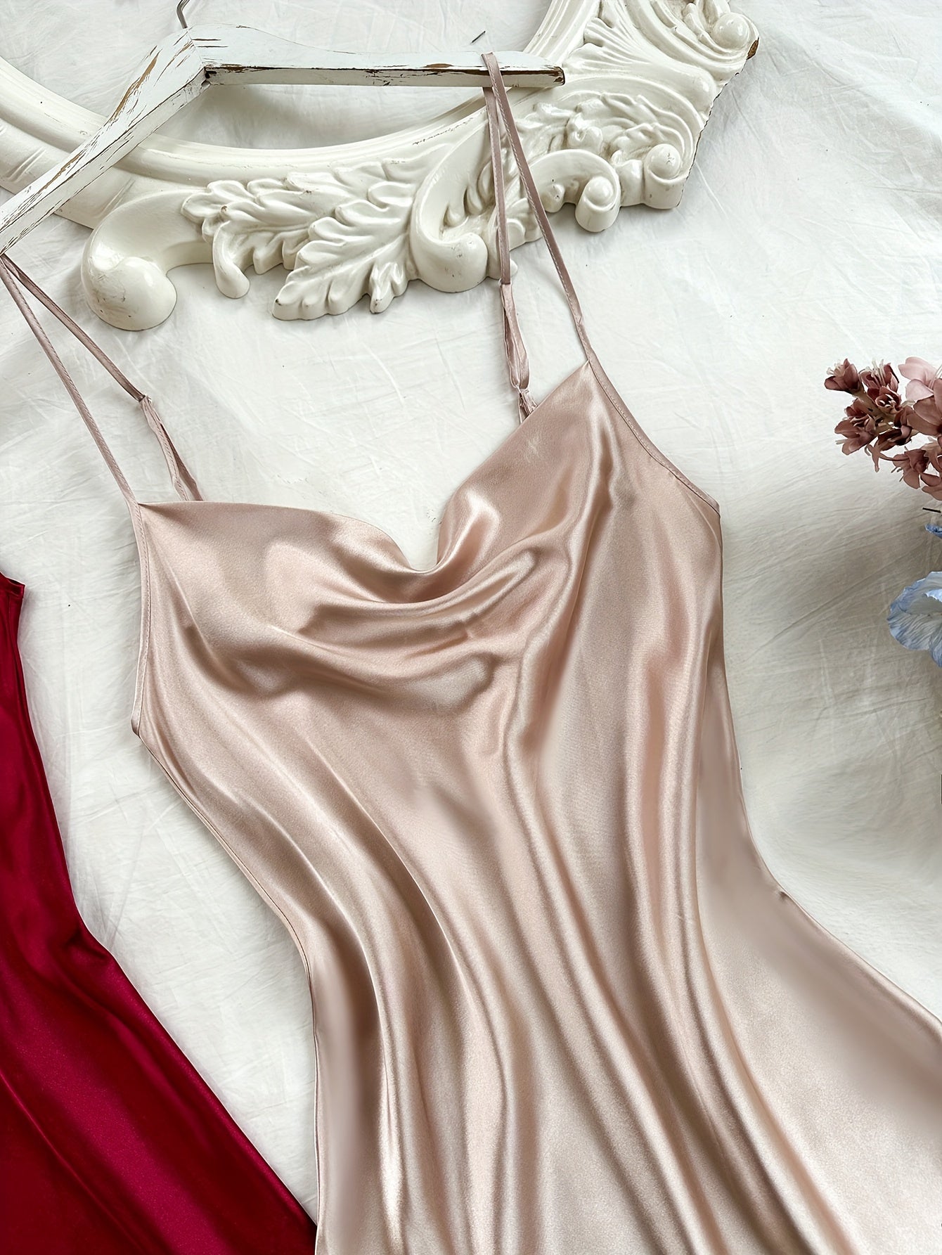 2 Pcs Women's Elegant Solid Satin Sleepwear Dress, Turtleneck Side Split Backless Midi Slip Dress, Comfortable Nightgown