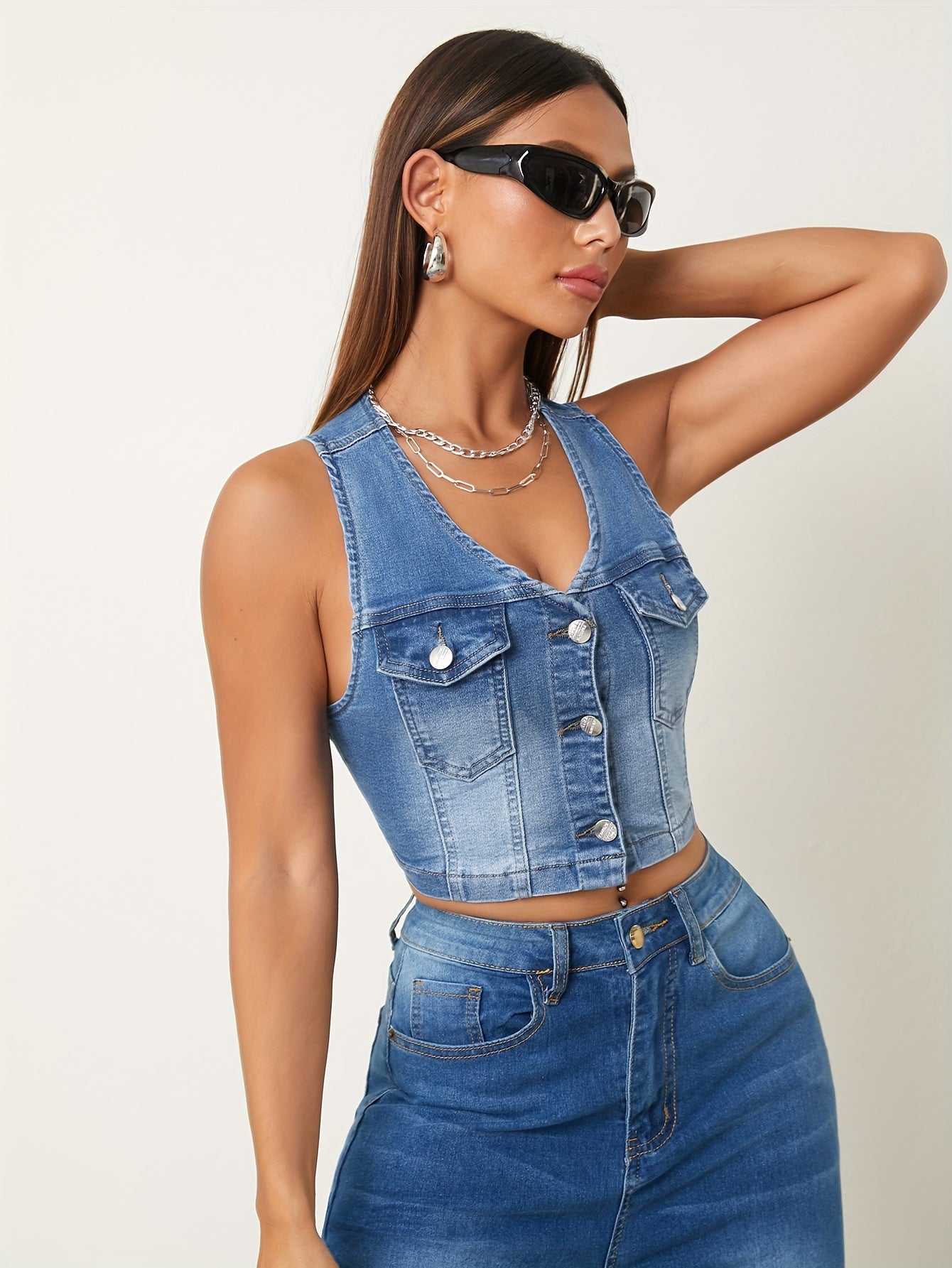 Stylish Sleeveless Denim Jacket Vest - Women's Clothing - Fashionable Streetwear, Button Closure, Washed Blue, Sexy, Summer Wear, Casual Outing, Versatile, Chic, and Trendy
