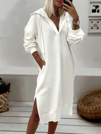 Solid Color Splited Hem Hooded Dress, Casual Long Sleeve Plunge Neck Dress For Fall & Wintern, Women's Clothing