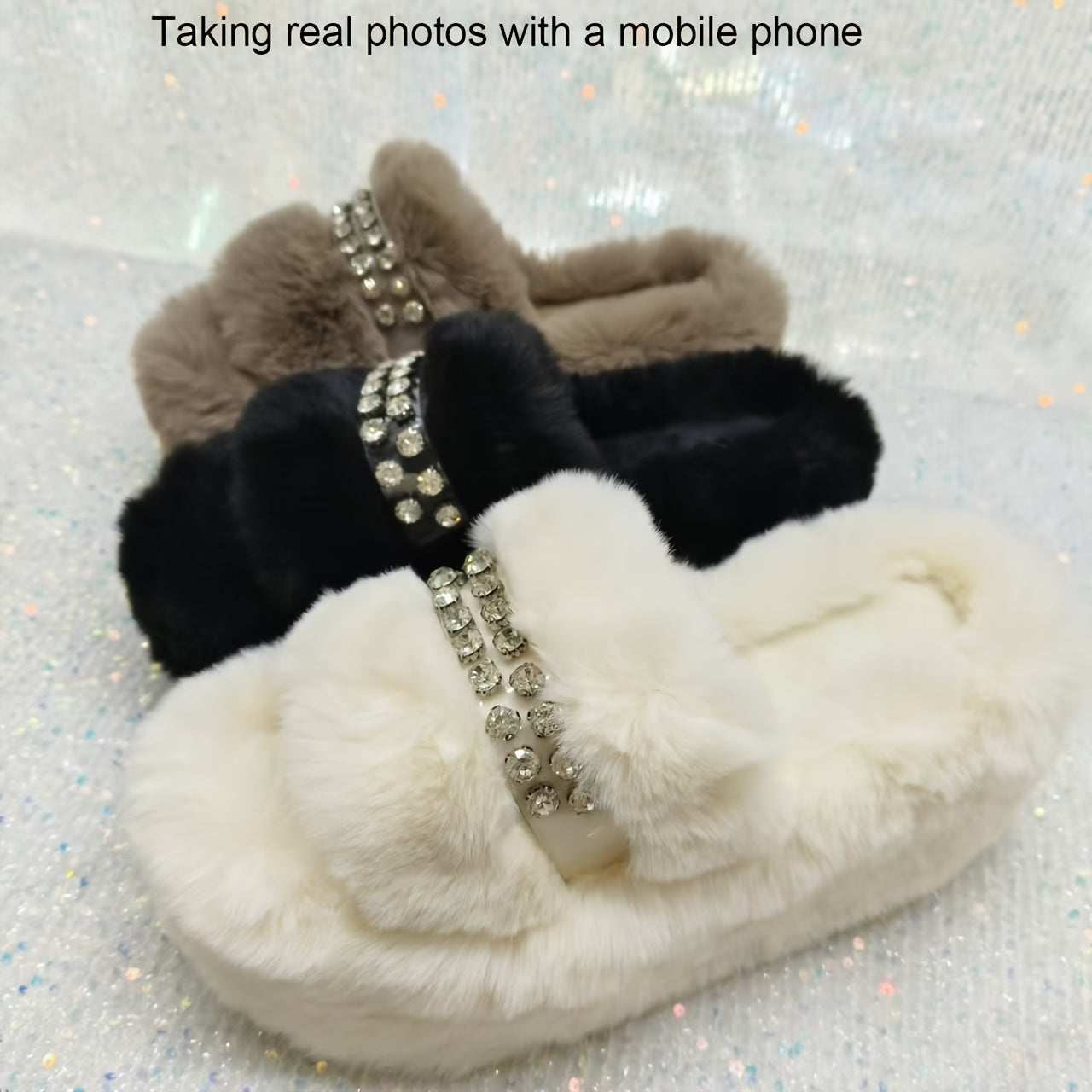 [Sparkling Rhinestone Slippers] Plush Faux Fur Sparkling Rhinestone-Decorated Slippers | Women's Slip-On with Thick Cushioned Rubber Sole & Sloped Heel | All-Season Indoor House Shoes for Warmth & Comfort (Black/Grey/White)