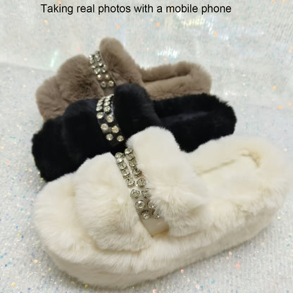 [Sparkling Rhinestone Slippers] Plush Faux Fur Sparkling Rhinestone-Decorated Slippers | Women's Slip-On with Thick Cushioned Rubber Sole & Sloped Heel | All-Season Indoor House Shoes for Warmth & Comfort (Black/Grey/White)