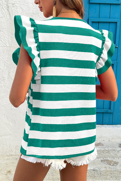 Green Stripe Flutter Sleeve Round Neck T Shirt