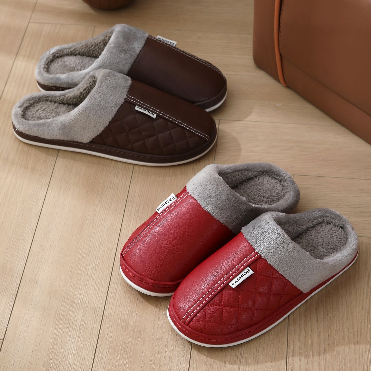 [Cozy Plush Slippers] Warm Cozy Plush Home Slippers for Men and Women | Faux Fur Lined, Durable TPR Sole, Quilted Design, Indoor/Outdoor Use, Available in Navy Blue, Red, Pink, and Gray