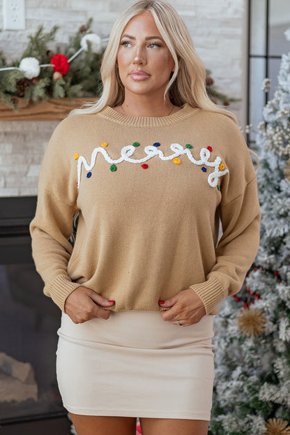Smoke Gray Merry Colorful Dot Detail Christmas Drop Shoulder Sweater