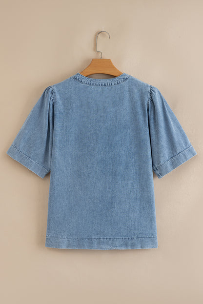 Myosotis Pintuck Pleats Puff Sleeve Split V Neck Summer Denim Top