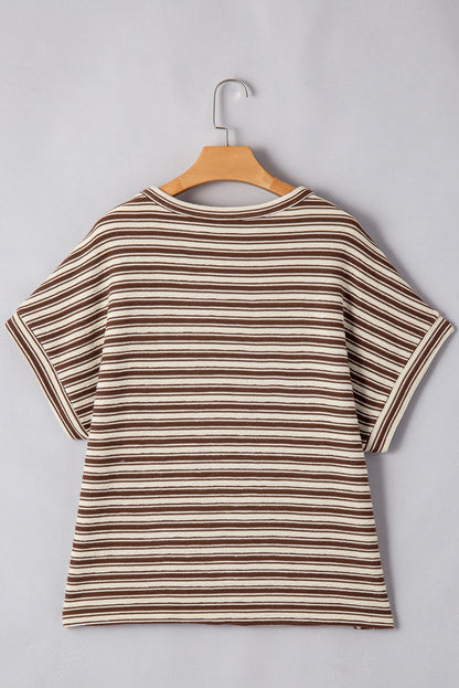 Brown Stripe Textured Side Slits Crew Neck T Shirt