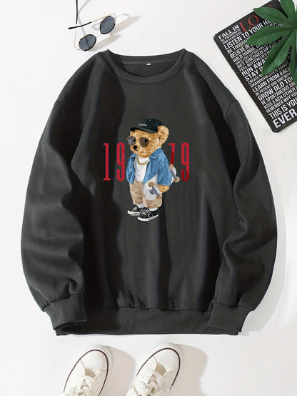 Men's Cartoon Bear Selfie Print Casual Round Neck Pullover Sweatshirt
