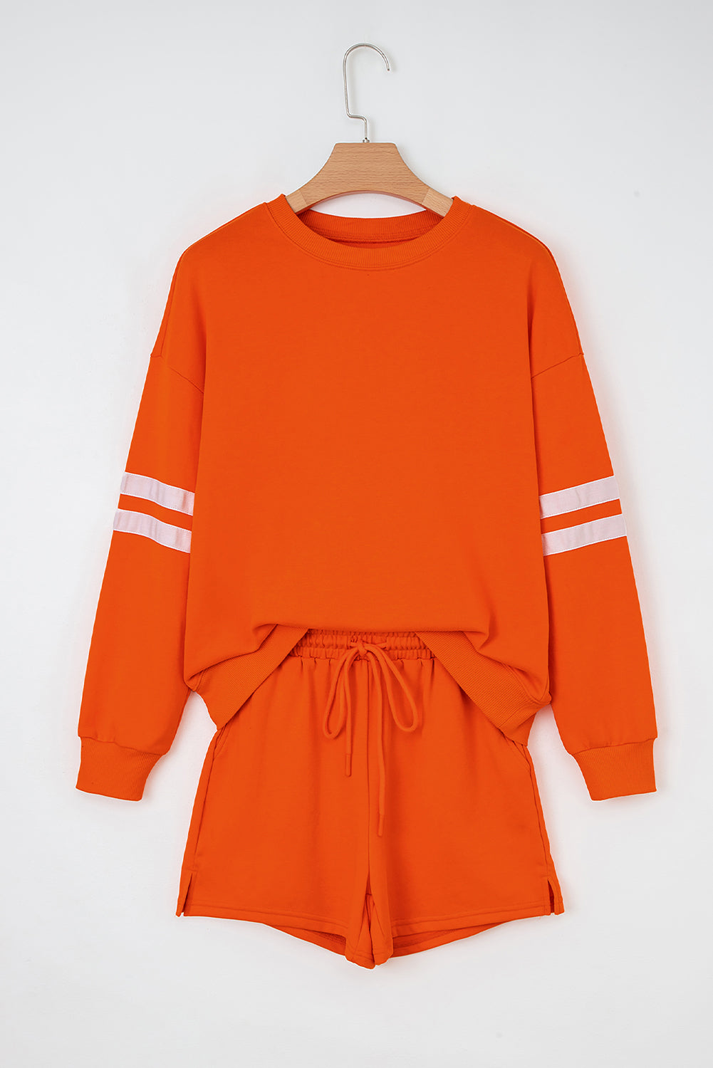 Orange Varsity Striped Sleeve Drop Shoulder Sweatshirt and Short Set