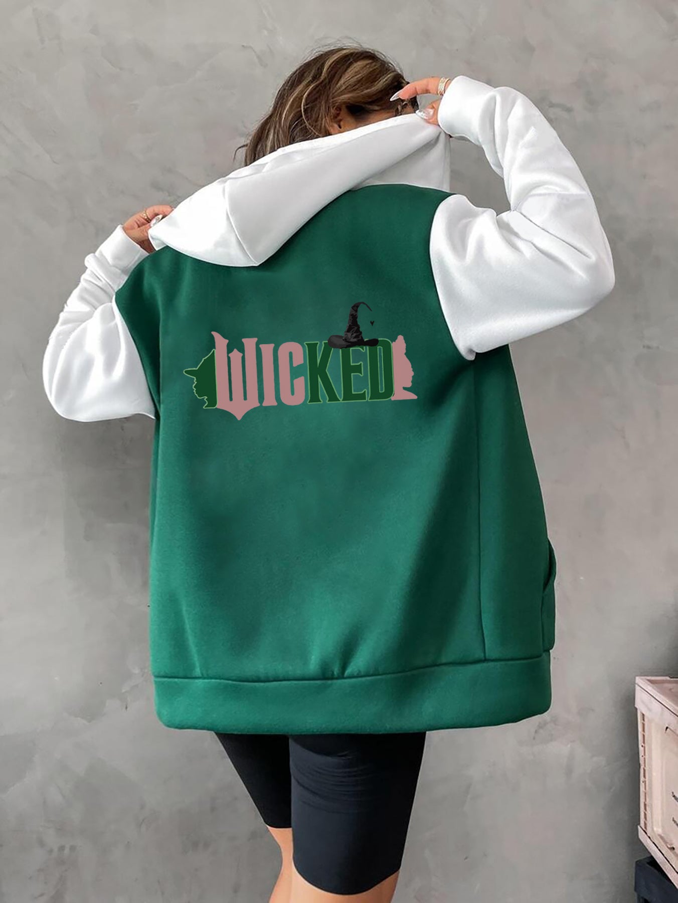 1pc Women'S Casual Polyester Hoodie with "WICKED" Print, Fall/Winter Letter Pattern, Drawstring Hood, Knit Fabric, Zip-Up Sweatshirt with Pockets, Hooded Jacket Top