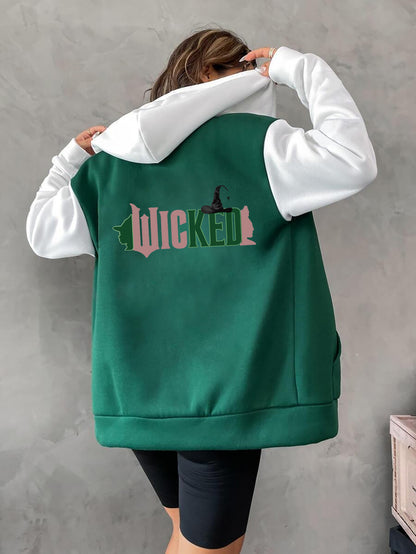 1pc Women'S Casual Polyester Hoodie with "WICKED" Print, Fall/Winter Letter Pattern, Drawstring Hood, Knit Fabric, Zip-Up Sweatshirt with Pockets, Hooded Jacket Top