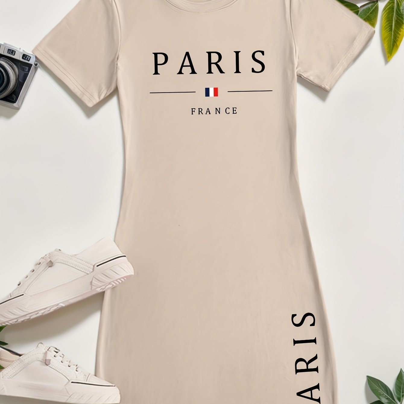 Ladies' New Spring And Summer Casual T-Shirt Dress Featuring The Words 'PARIS' And 'FRANCE' Along with a Print of The French Flag. This Short-Sleeved Dress Is Perfect for Casual Outings, Sleepwear, Loungewear, And Makes a Gre