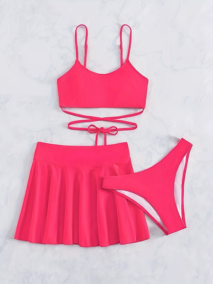 Elegant Solid-Color 3-Piece Swimwear: Cross-Strap Bikini & Pleated Skirt Cover-Up - Comfortable, Stretchy, and Durable