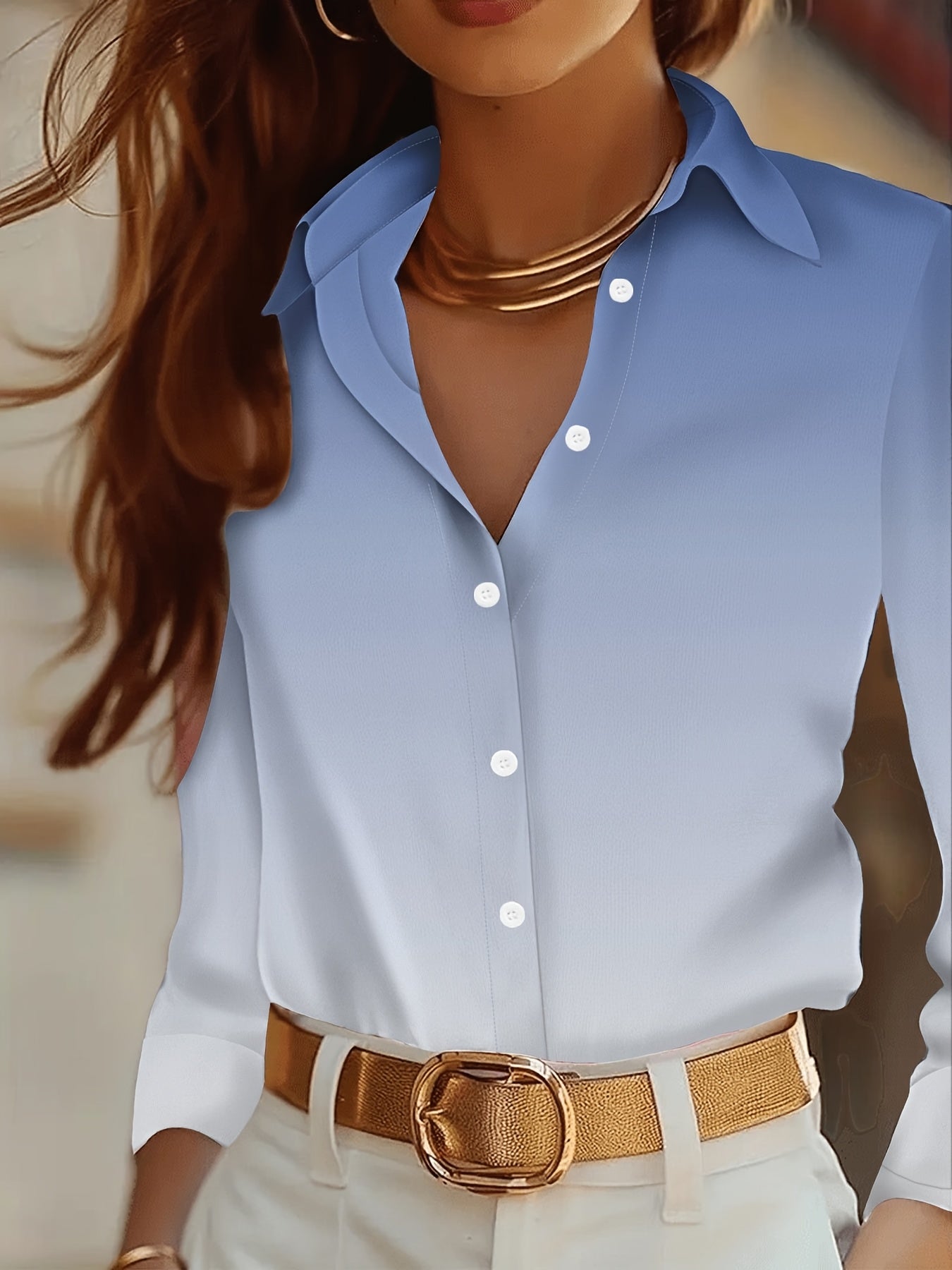 SHIMIDA Women's Gradient Print Casual Button-Up Shirt - Long Sleeve Lapel Collar Blouse, Machine Washable Non-See-Through Fabric, Elegant Office & Vacation Wear, All-Season Versatile Top, Elegant Long Sleeve Button Blouses, F