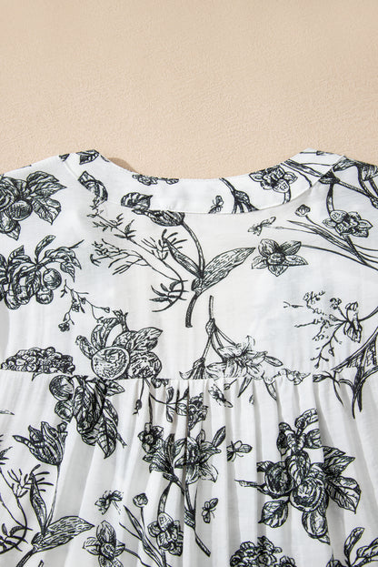 Black Floral Print Piping Trim Notched Neck Ruffle Sleeve Plus Size Long Dress