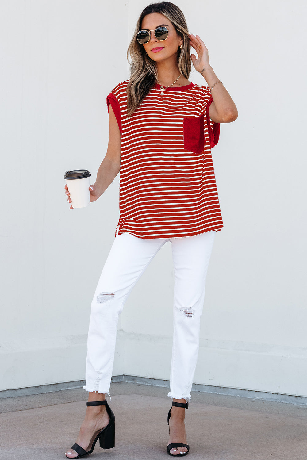 Red Stripe Chest Pocket Patch Round Neck Tank Top