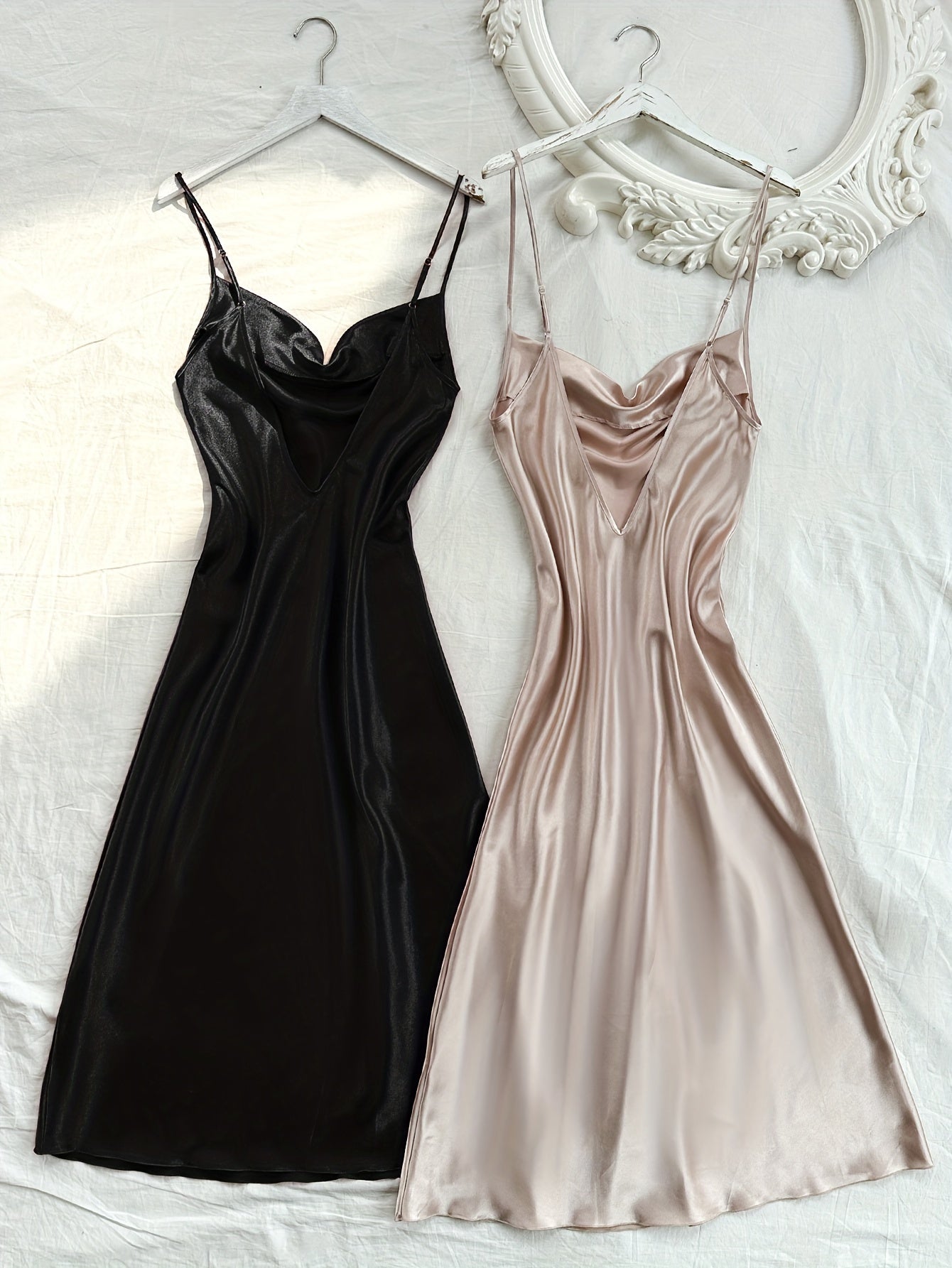 2 Pcs Women's Elegant Solid Satin Sleepwear Dress, Turtleneck Side Split Backless Midi Slip Dress, Comfortable Nightgown