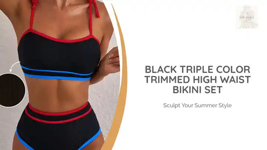 Black Triple Color Trimmed High Waist Bikini Set by@Outfy